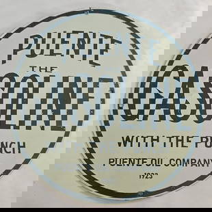 1923 Puente Gasoline Porcelain Sign - Vintage Oil Advertising Collectible: Discover a piece of history with this rare 1923 Puente Gasoline porcelain sign, a vintage advertising collectible that captures the essence of early 20th-century oil industry marketing. Featuring