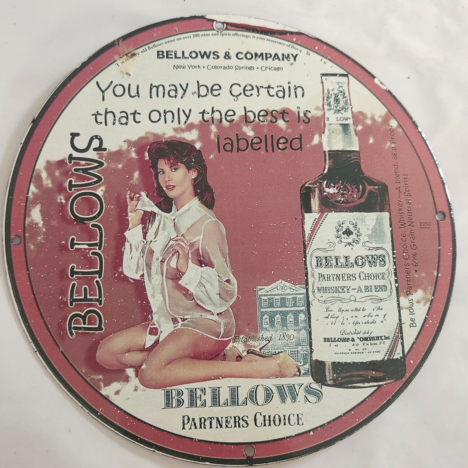 Vintage Bellows Whiskey Porcelain Sign - Partners Choice Advertising Collectible: This exquisite vintage porcelain sign from Bellows & Company is a stunning piece of advertising that captures the essence of classic whiskey marketing. Measuring approximately 12 inches in diameter, t