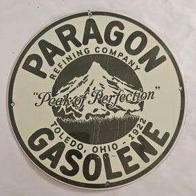 Vintage Paragon Refining Company Porcelain Sign - Gasoline Peak of Perfection 1922