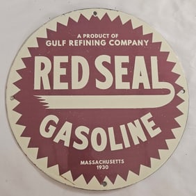 Vintage Gulf Refining Company Red Seal Gasoline Porcelain Sign (1930)