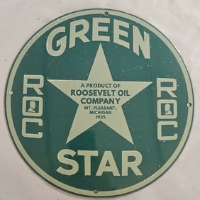 Vintage Green Roc Star Porcelain Sign ? Roosevelt Oil Company, 1935 - Collectible Discoveries