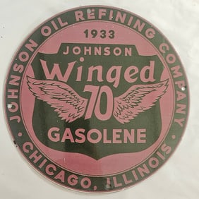Vintage 1933 Johnson Winged Gasoline Porcelain Sign - Collectible Oil Refining Memorabilia