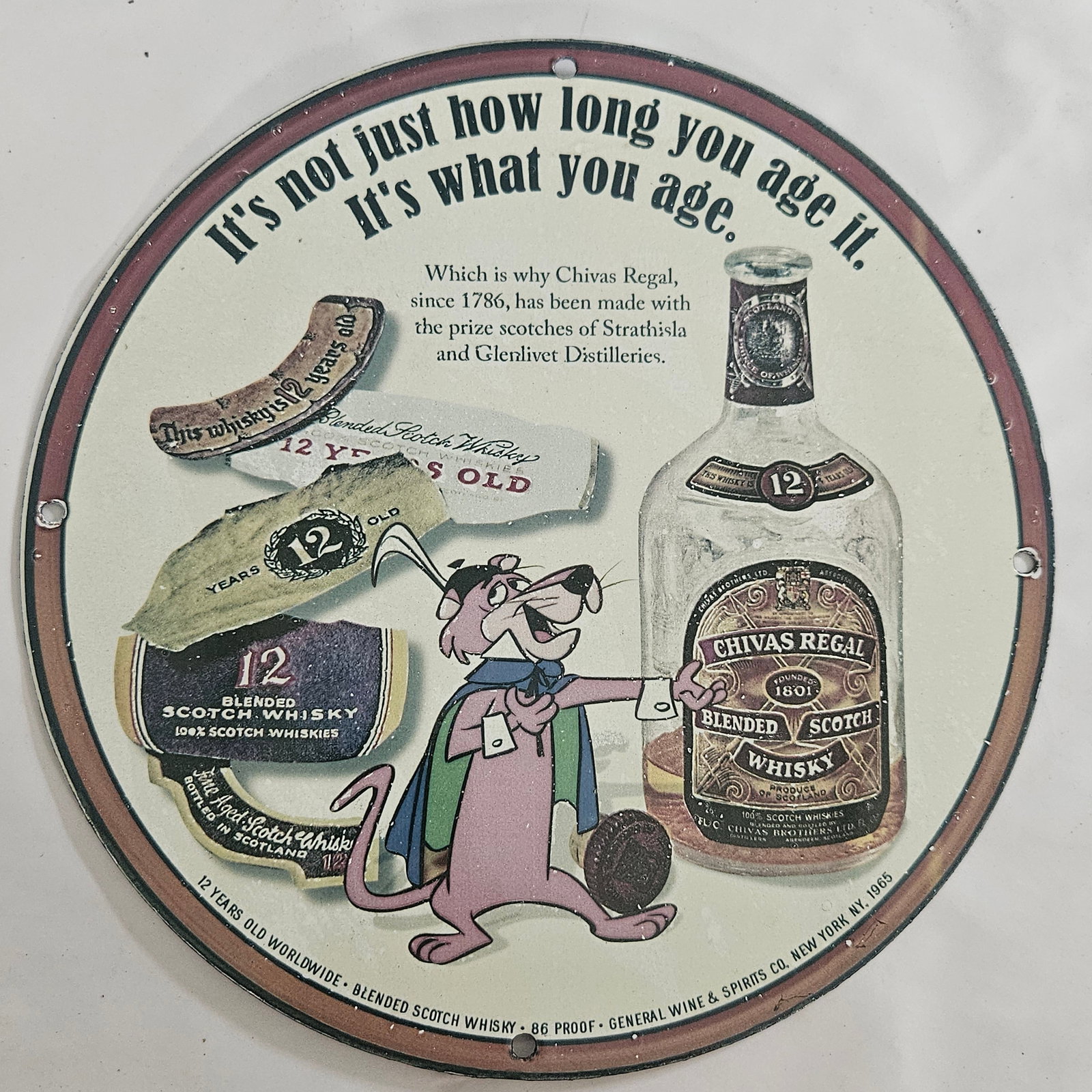 Vintage Chivas Regal Porcelain Sign: A Collector's Dream for Whiskey Aficionados: This exquisite porcelain sign, featuring the iconic Chivas Regal brand, captures the essence of quality and craftsmanship that has made this whiskey a favorite among enthusiasts since 1801. Measuring 