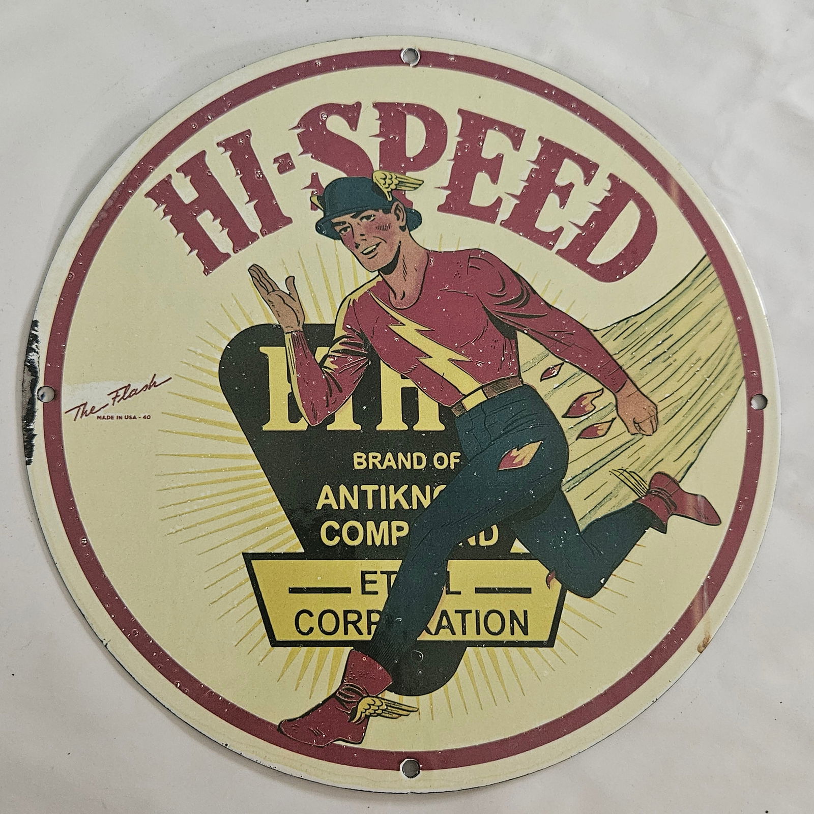 Vintage Hi-Speed Porcelain Sign Featuring Dynamic Vintage Comic Character (1 of 2)