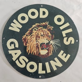 Vintage Porcelain Sign Featuring Lion for Wood Oils and Gasoline - Unique Collectible