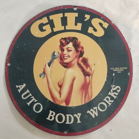 Vintage Gil's Auto Body Porcelain Sign with Retro Pin-Up Girl Art