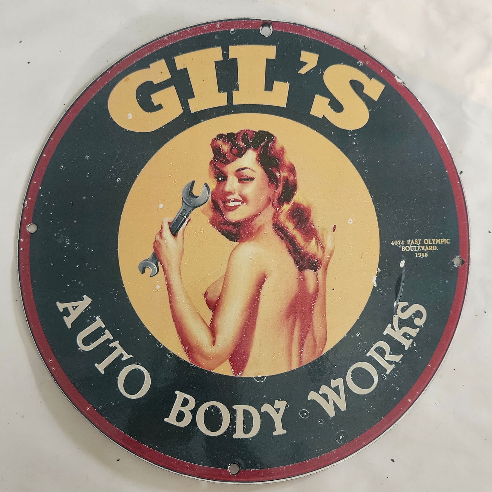 Vintage Gil's Auto Body Porcelain Sign with Retro Pin-Up Girl Art (1 of 2)
