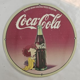 Vintage Coca-Cola Porcelain Sign featuring Charlie Brown Christmas Character