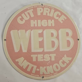 Rare Vintage WEBB Anti-Knock Porcelain Sign - Cut Price High Test Gasoline, Duluth, 1953