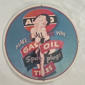 Vintage Porcelain Sign - Ad Featuring Classic Model for Gas, Oil & Tires