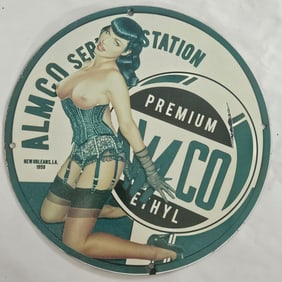Vintage 1955 ALMCO Premium Ethyl Porcelain Sign with Iconic Pin-Up Art - New Orleans Station