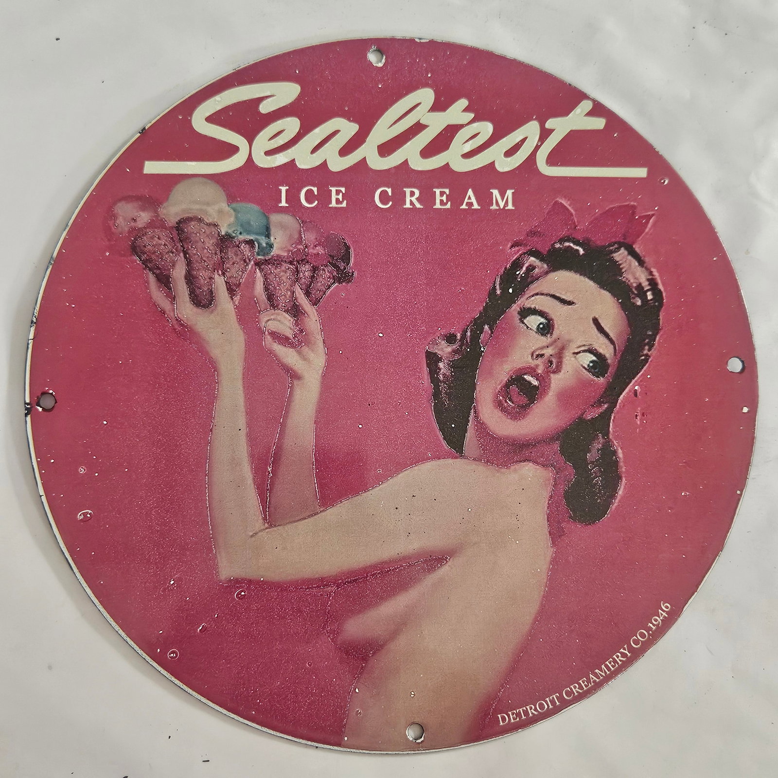 Vintage Sealtest Ice Cream Porcelain Sign - Retro Advertising Collectible: This exquisite vintage porcelain sign from Sealtest Ice Cream captures the essence of nostalgia and Americana, making it a must-have for collectors and enthusiasts alike. Dating back to 1946, this rou