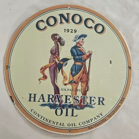 Vintage 1929 Conoco Harvester Oil Porcelain Sign - Rare Collectible for Oil Memorabilia Lovers