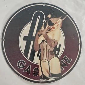 Rare 1945 Vintage Porcelain Gas Station Sign with Iconic Artwork - Collectible Memorabilia