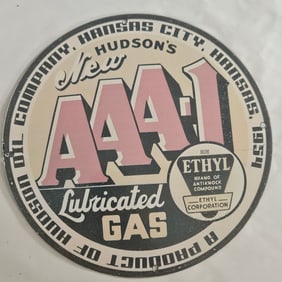 Vintage 1954 Hudson's AAA Lubricated Gas Porcelain Sign - Kansas City Collector's Item