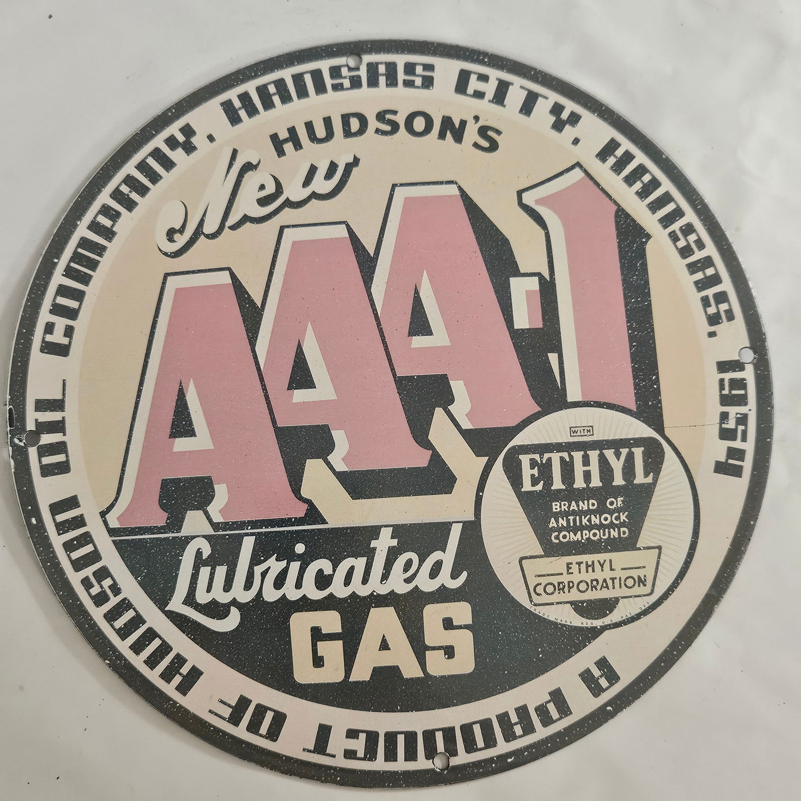 Vintage 1954 Hudson's AAA Lubricated Gas Porcelain Sign - Kansas City Collector's Item (1 of 2)