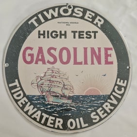 Vintage Tidewater Oil Porcelain Sign - High Test Gasoline (1930s Collectible)