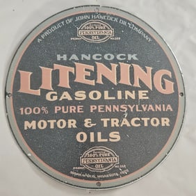 Vintage Hancock Litening Gasoline Porcelain Sign - 100% Pure Pennsylvania Oil Collectible