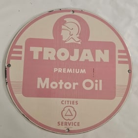Vintage Trojan Premium Motor Oil Porcelain Sign - Collectible Automotive Memorabilia