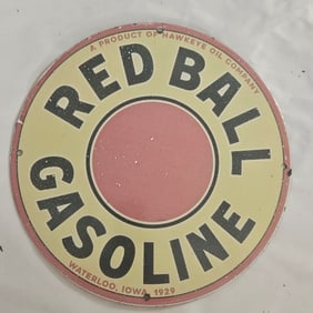 Vintage 1929 Red Ball Gasoline Porcelain Advertising Sign - Hawkeye Oil Company