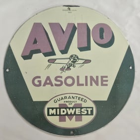 Vintage AVIO Gasoline Porcelain Sign - Midwest Product - 1931 Collectible Memorabilia