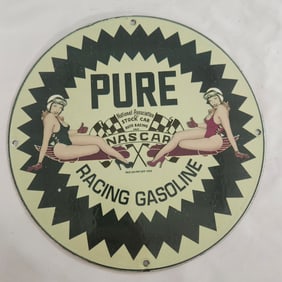 Vintage Pure Racing Gasoline Porcelain Sign with NASCAR Motif - A Collector's Dream