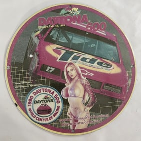 Vintage Daytona 500 Porcelain Sign Featuring Iconic Racing Design and Art