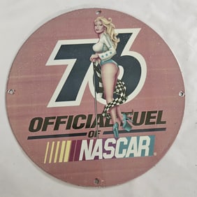 Vintage Porcelain NASCAR Sign: Official Fuel with Glamorous Racing Queen Artwork