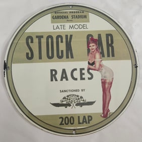 Vintage Porcelain Stock Car Races Sign from Gardena Stadium - Late Model Racing Memorabilia