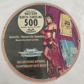 Vintage 1967 NASCAR Western North Carolina 500 Porcelain Sign - Asheville Race Memorabilia