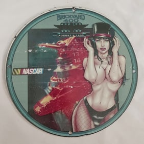 Vintage 1995 NASCAR Brickyard 400 Porcelain Sign Featuring Pin-Up Art