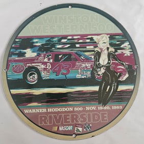 Vintage 1983 Riverside NASCAR Winston Western 500 Porcelain Sign - Collector's Item