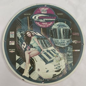 Collectible 1997 Miller 400 Michigan Speedway Porcelain Sign with Racing Art