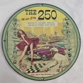 Vintage Porcelain Sign: The 250 Detroit Stock Car Race 1950s Memorabilia