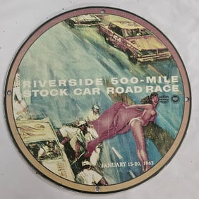 Vintage Riverside 500-Mile Stock Car Race Porcelain Sign (1963) - Rare Collectible