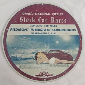 Vintage Porcelain Sign for Stock Car Races at Piedmont Interstate Fairgrounds, Spartanburg, SC