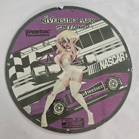 Vintage Riverside Park NASCAR Porcelain Sign with Classic Artwork and Pontiac Branding