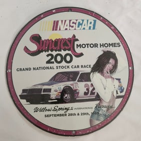 Rare Vintage NASCAR Sunburst Motor Homes Porcelain Sign - Willow Spring 200 Race Event