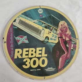 Rare Vintage Porcelain Sign: Rebel 300 Nascar Memorabilia with Classic Car Art