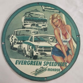 Vintage Evergreen Speedway Porcelain Sign with Pin-Up Girl and Classic Cars