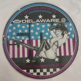 Vintage Dover Downs Porcelain Sign Featuring Iconic 1972 Race Event Artwork
