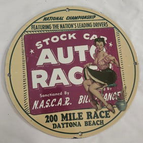 Vintage Porcelain Sign: Daytona Beach Stock Car Race Featuring NASCAR Drivers