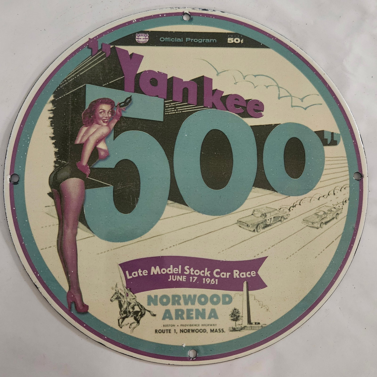 Vintage Yankee 500 Porcelain Sign - Late Model Stock Car Race - Norwood Arena, 1961: This stunning vintage porcelain sign is a collectible gem for any racing enthusiast or memorabilia collector. Featuring the iconic 'Yankee 500' branding, this sign commemorates the late model stock ca