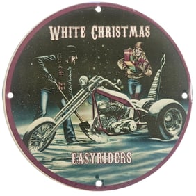 Vintage Easy Riders White Christmas Porcelain Sign - Unique Motorcycle Collector's Item