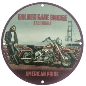Vintage Golden Gate Bridge Porcelain Sign with Motorcycle and American Pride Theme