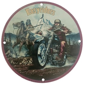 Vintage Easyriders Porcelain Sign with Iconic Motorcycle and Cowboy Artwork
