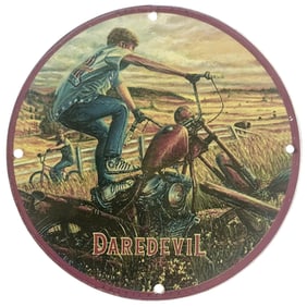 Vintage Porcelain Sign: Daredevil Motorcycle Adventure - Perfect for Collectors