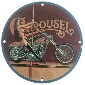 Vintage Porcelain Carousel Sign Featuring Classic Motorcycle and Iconic Pin-Up Art