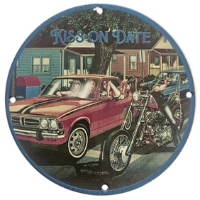 Kiss on Date Vintage Porcelain Sign with Classic Car & Motorcycle Art
