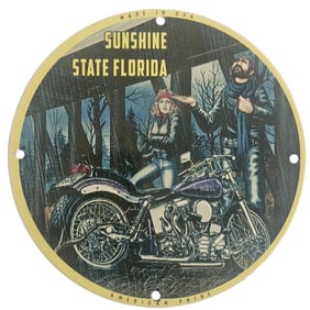 Vintage Sunshine State Florida Porcelain Sign with Biker Theme - Unique Collectible